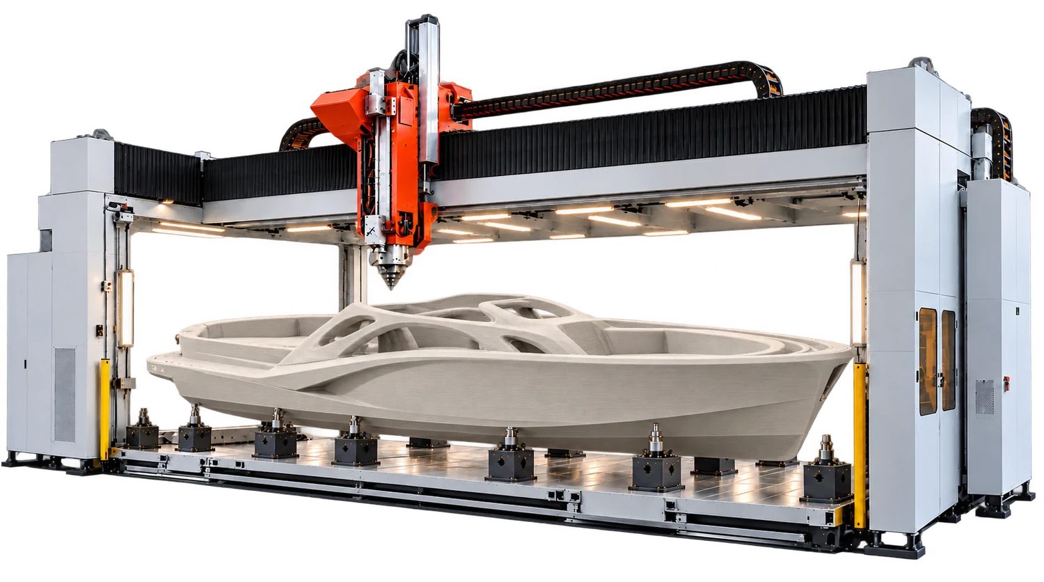 Large-format gantry printer building a boat hull without a mould