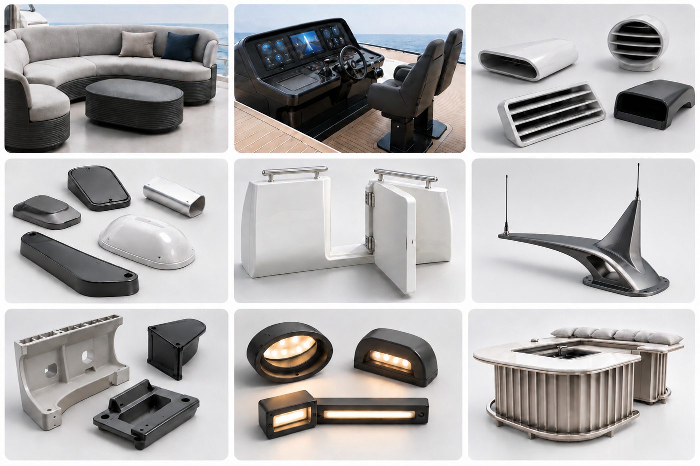 Printed furniture, consoles, grilles, hatches and interior modules