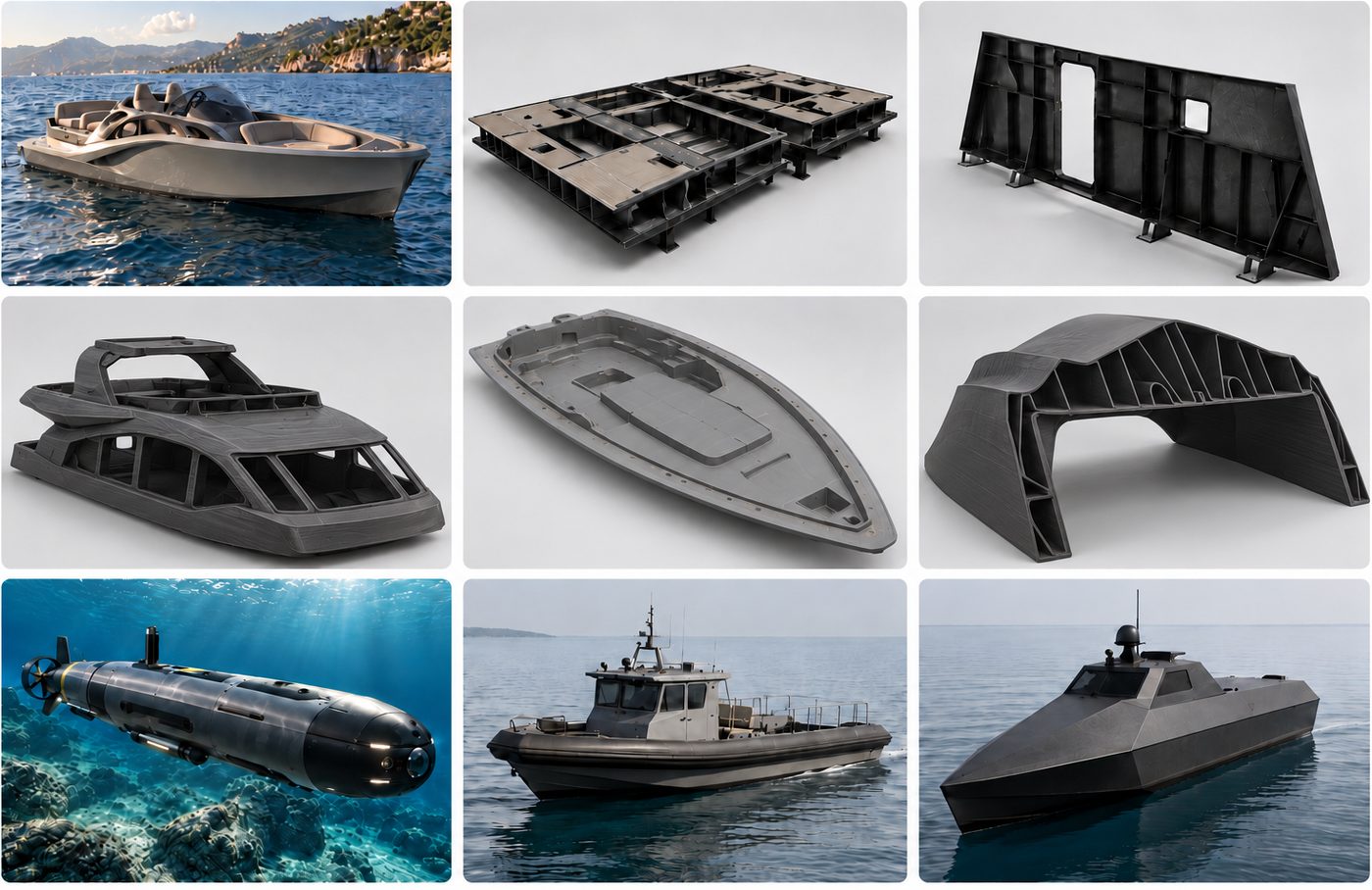 Printed hulls, deck structures, patrol boats and unmanned vehicles
