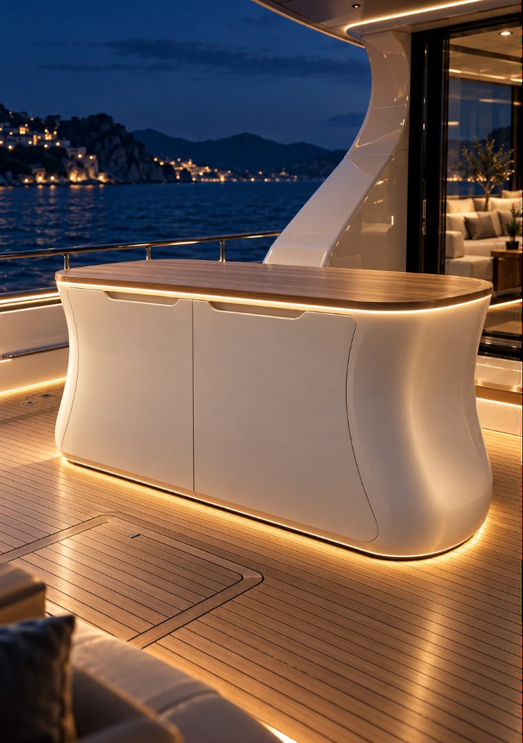 Printed yacht deck furniture with integrated lighting at dusk